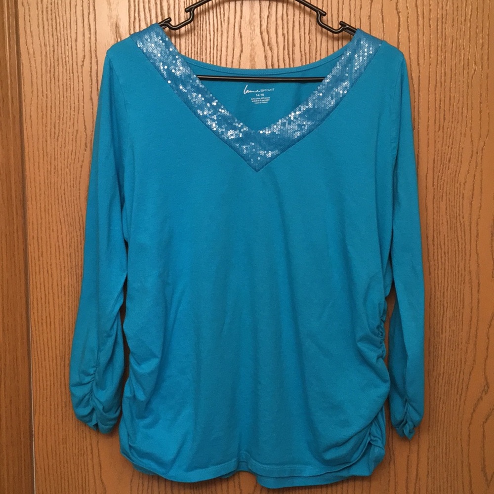 Blue long-sleeve shirt w/sequin neck